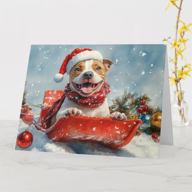 Pitbull Dog in Sledge Let it Snow Christmas Card (Yellow Flower)