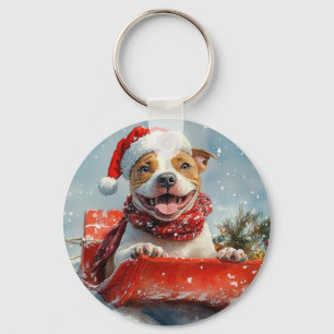 Pitbull Dog in Sledge Let it Snow Christmas Keychain