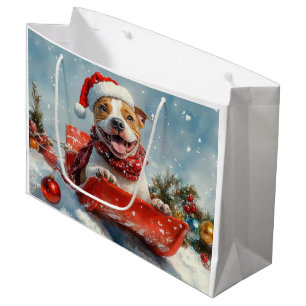Pitbull Dog in Sledge Let it Snow Christmas Large Gift Bag