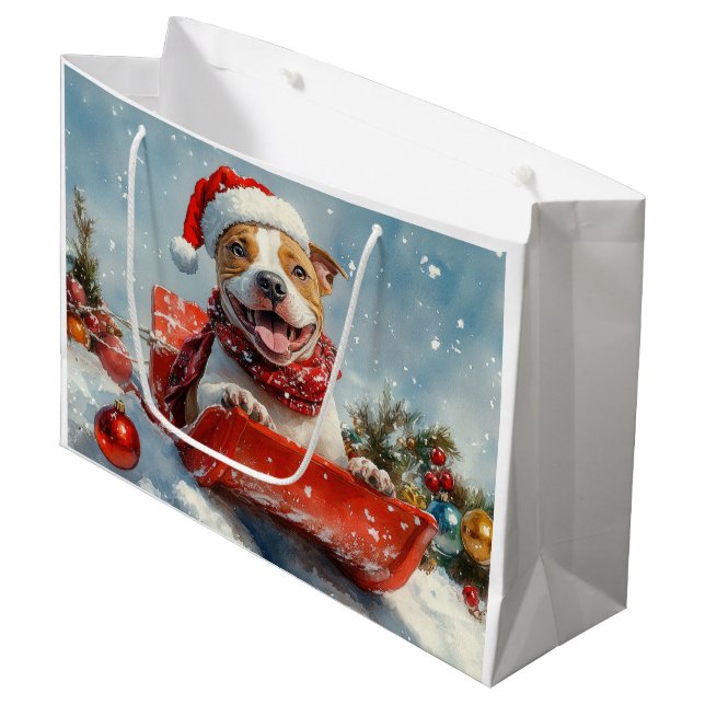 Pitbull Dog in Sledge Let it Snow Christmas Large Gift Bag (Front Angled)