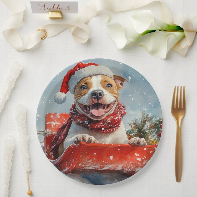 Pitbull Dog in Sledge Let it Snow Christmas Paper Plate (Wedding)