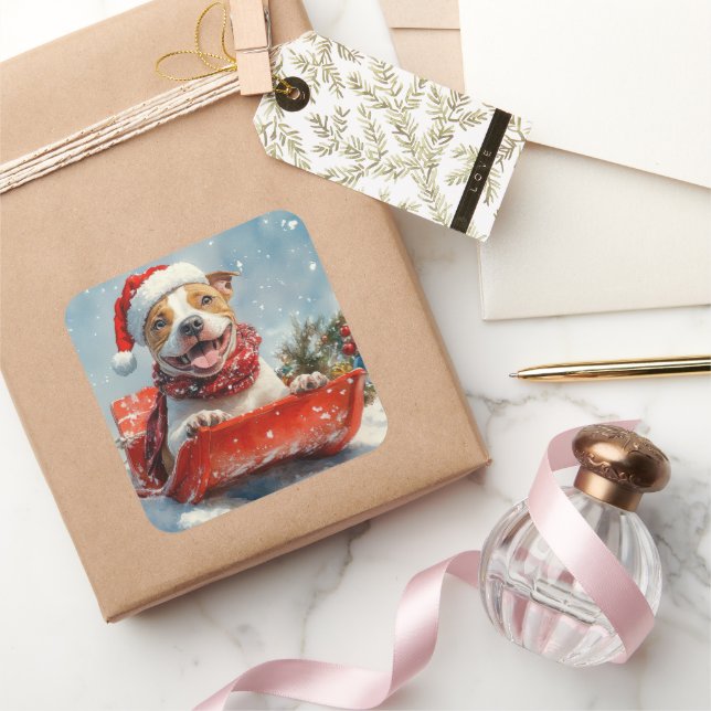 Pitbull Dog in Sledge Let it Snow Christmas Square Sticker (Gifting)