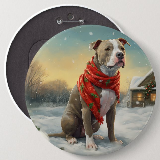 Pitbull Dog in Snow Christmas 6 Inch Round Button (Front & Back)