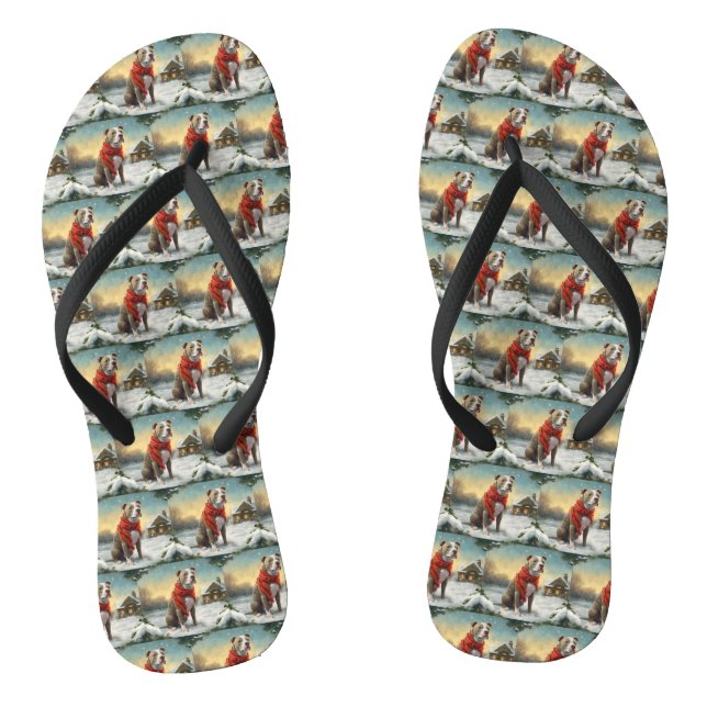 Pitbull Dog in Snow Christmas Flip Flops (Footbed)