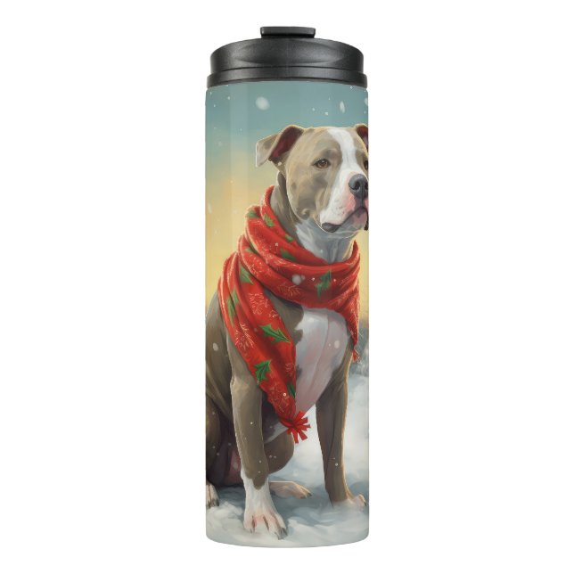 Pitbull Dog in Snow Christmas Thermal Tumbler (Front)
