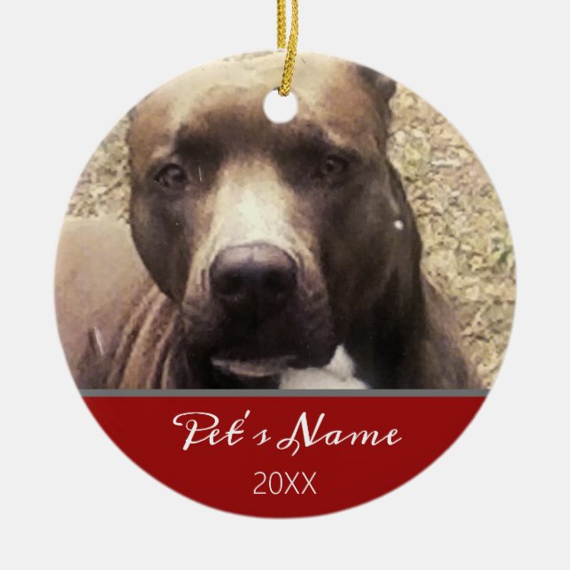 Pitbull Dog Pet Photo Monogram Red Christmas Name Ceramic Ornament (Front)