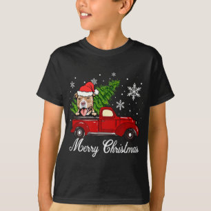 Pitbull Dog Riding Red Truck Christmas Decorations T-Shirt