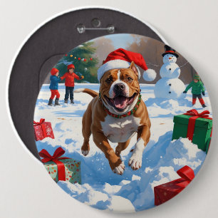 Pitbull Dog Running in Snow with Christmas Hat 6 Inch Round Button