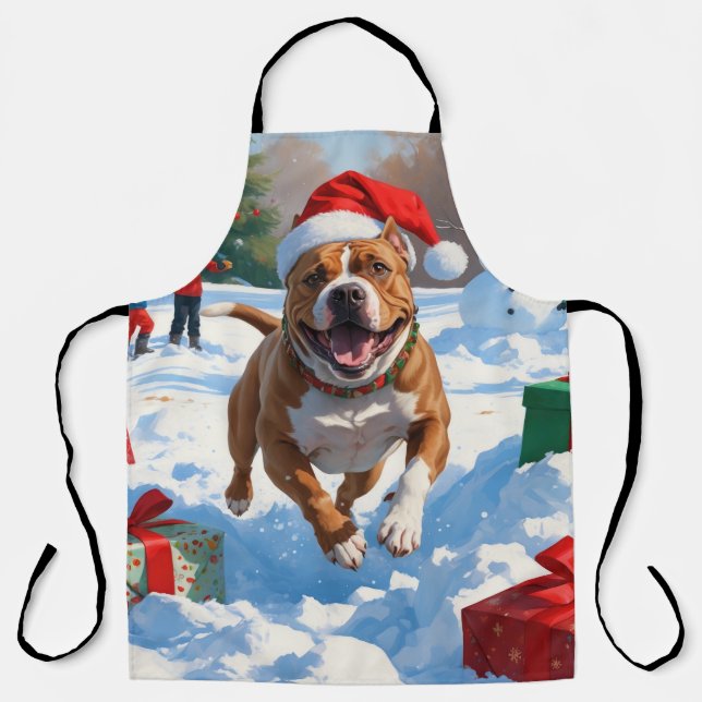Pitbull Dog Running in Snow with Christmas Hat Apron (Front)