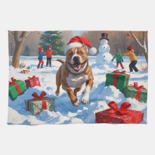 Pitbull Dog Running in Snow with Christmas Hat Kitchen Towel
