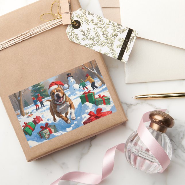 Pitbull Dog Running in Snow with Christmas Hat Sticker (Gifting)