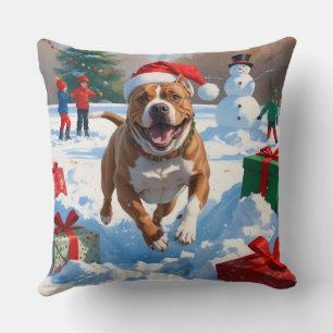 Pitbull Dog Running in Snow with Christmas Hat Throw Pillow
