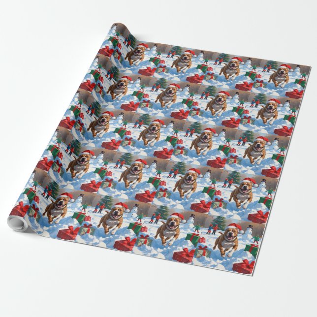 Pitbull Dog Running in Snow with Christmas Hat Wrapping Paper (Unrolled)