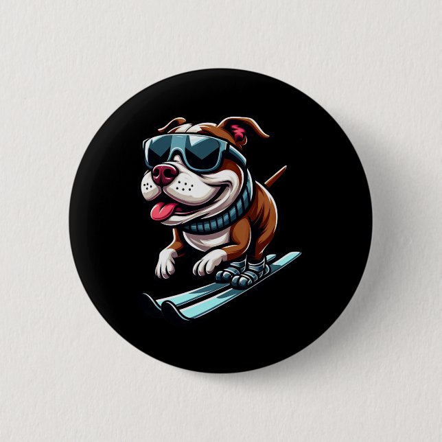 Pitbull Dog Skiing Winter Sports Fun  2 Inch Round Button (Front)