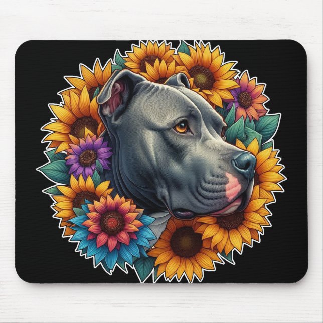 Pitbull Dog Surrounded by Vibrant Sunflowers Mouse Pad (Front)