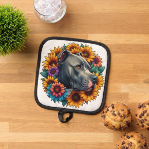 Pitbull Dog Surrounded by Vibrant Sunflowers Pot Holder