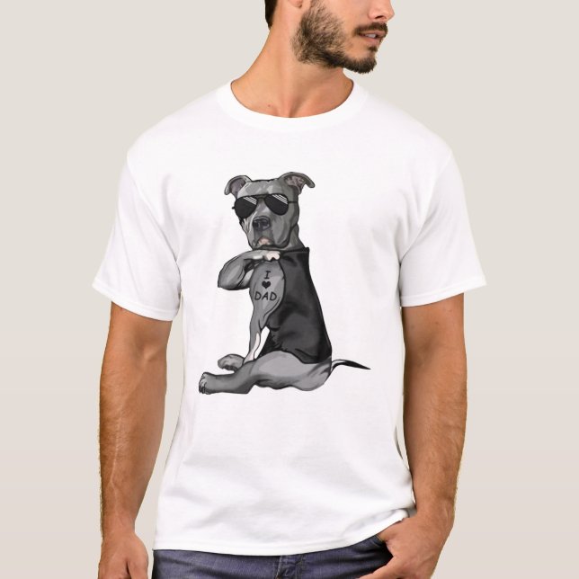 Pitbull Dog Tattoo I Love Dad - Father's Day T-Shirt (Front)