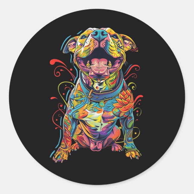 Pitbull Dog Tattooed Colourful Tattooed Dog Mom  Classic Round Sticker (Front)