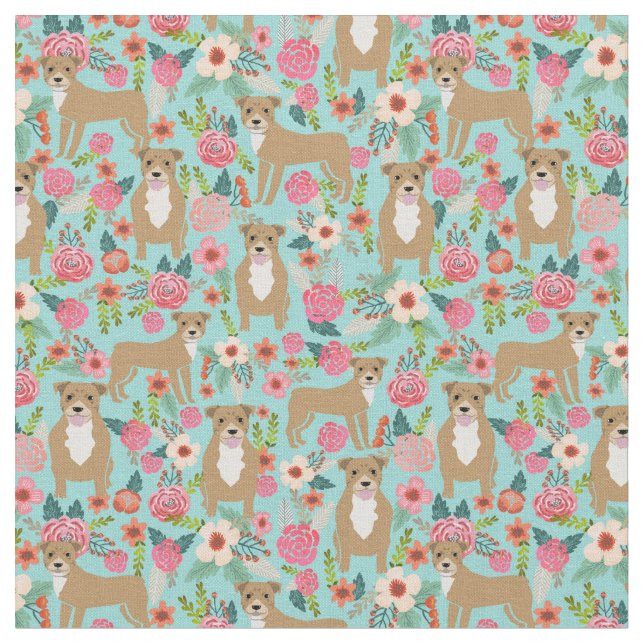 Pitbull dog vintage florals mint fabric (Close Up)