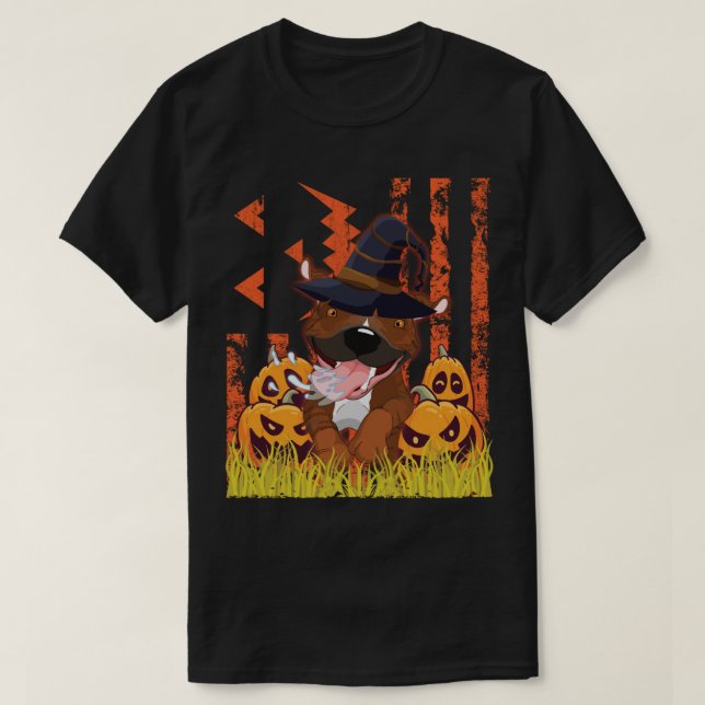 Pitbull Dog Witch Dancing Around Pumpkins In front T-Shirt (Design Front)