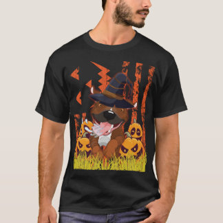 Pitbull Dog Witch Dancing Around Pumpkins In front T-Shirt