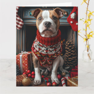 Pitbull Dog With Christmas Gifts Fireplace Card