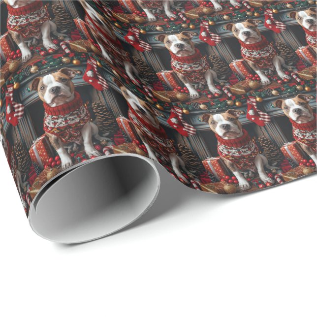 Pitbull Dog With Christmas Gifts Fireplace Wrapping Paper (Roll Corner)