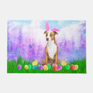 Pitbull Dog with Easter Eggs Bunny Chicks Doormat