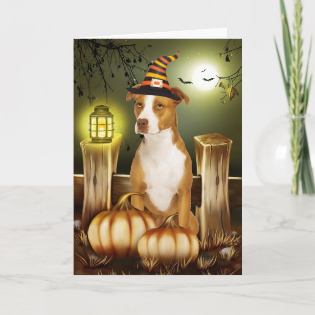 Pitbull Dog with Witch Hat Halloween  Card (Front)
