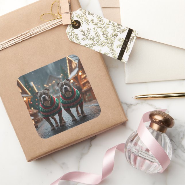 Pitbull Dogs Christmas Snow Holiday Square Sticker (Gifting)