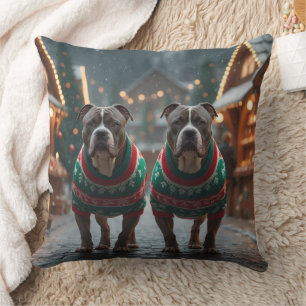 Pitbull Dogs Christmas Snow Holiday Throw Pillow