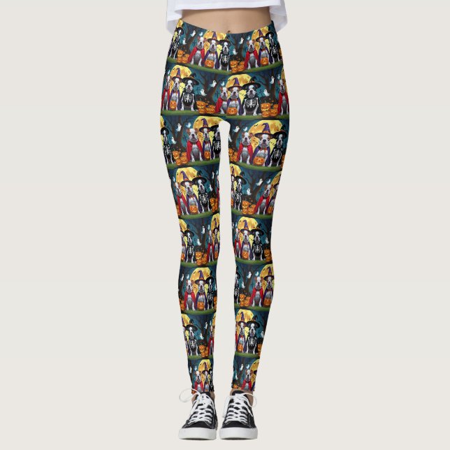 Pitbull Dogs Pumpkin Halloween Funny Leggings (Front)
