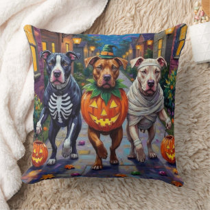 Pitbull Dogs Trick-or-Treating  Halloween Costumes Throw Pillow