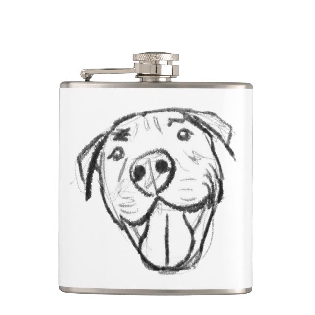 pitbull drawing simple dog lovers black white hip flask (Front)