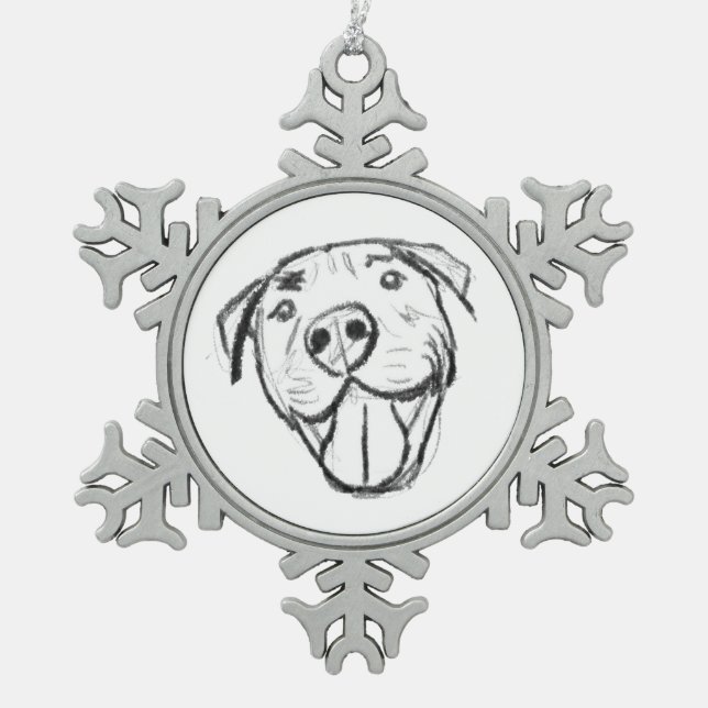 pitbull drawing simple dog lovers black white snowflake pewter christmas ornament (Front)