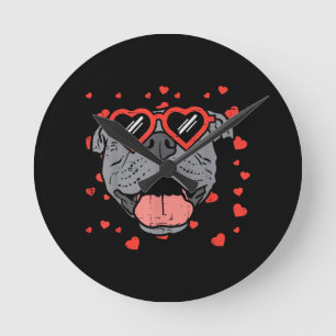 Pitbull Face Heart Glasses Valentines Day Pet Dog Round Clock
