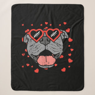 Pitbull Face Heart Glasses Valentines Day Pet Dog Sherpa Blanket