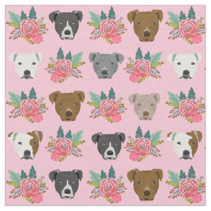 Pitbull faces pink florals fabric