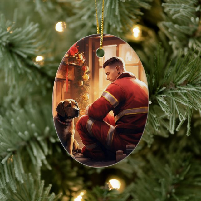Pitbull Firefighter Christmas, Gift for Dog Lovers Ceramic Ornament (Tree)