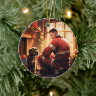 Pitbull Firefighter Christmas, Gift for Dog Lovers Ceramic Ornament