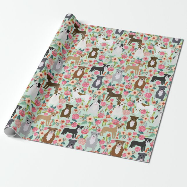 Pitbull Floral Gift wrap - pitbull gift wrap, (Unrolled)