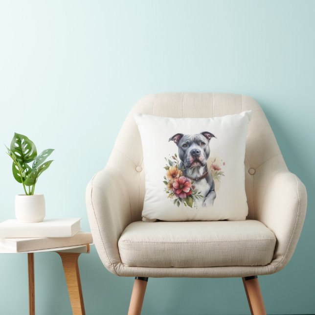 Pitbull Floral Throw Pillow (Chair)