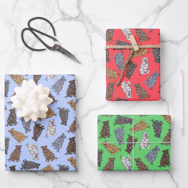 Pitbull Holiday Confetti - red, blue, green  Wrapping Paper Sheet (Front)