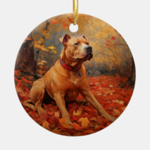Pitbull in Autumn Leaves Fall Inspire Ceramic Ornament