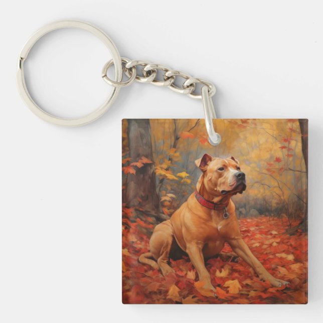 Pitbull in Autumn Leaves Fall Inspire  Keychain (Front)