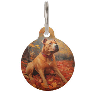 Pitbull in Autumn Leaves Fall Inspire Pet Tag