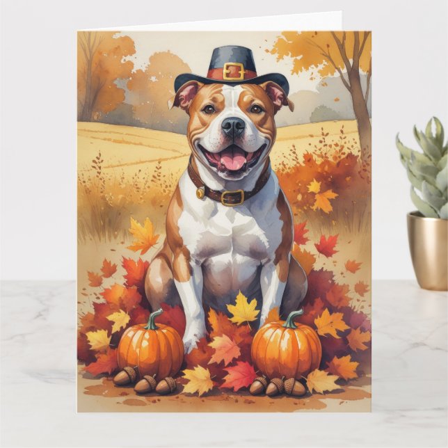 Pitbull In Autumn Leaves Thanksgiving Art Card (Small Plant)