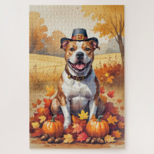 Pitbull In Autumn Leaves Thanksgiving Art Jigsaw Puzzle