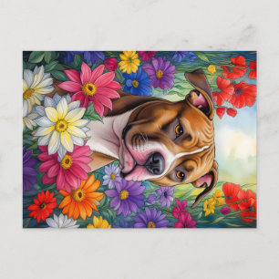 Pitbull in Flower Garden Postcard