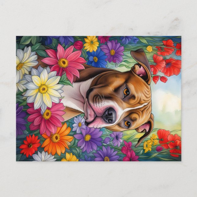 Pitbull in Flower Garden Postcard (Front)